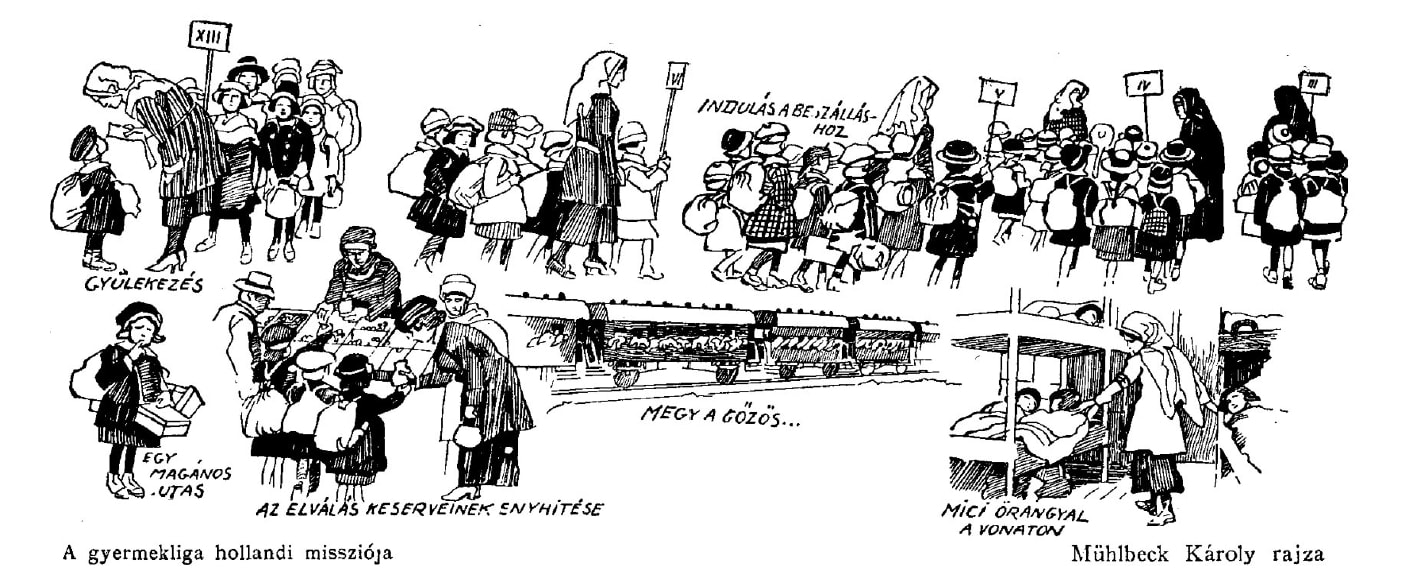 Mühlbeck Károly (1869-1943) rajza a gyermekvonat-akcióról 
Megjelent: Uj Idők, 1921. március 15.
